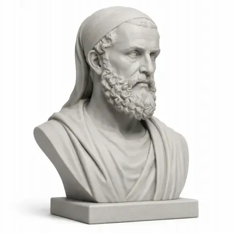 Bust of a bearded historical warrior wearing a headscarf and cloak, on a rectangular base.