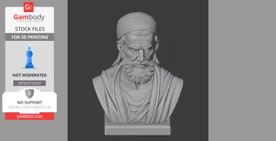 A detailed 3D bust of a historical warrior with a beard and headband, designed for 3D printing.