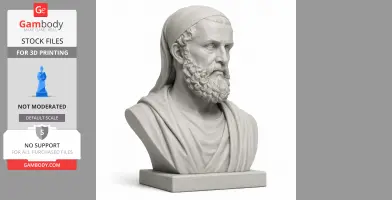 A detailed 3D-printed bust of a historical warrior with a beard and headscarf, displayed on a base.