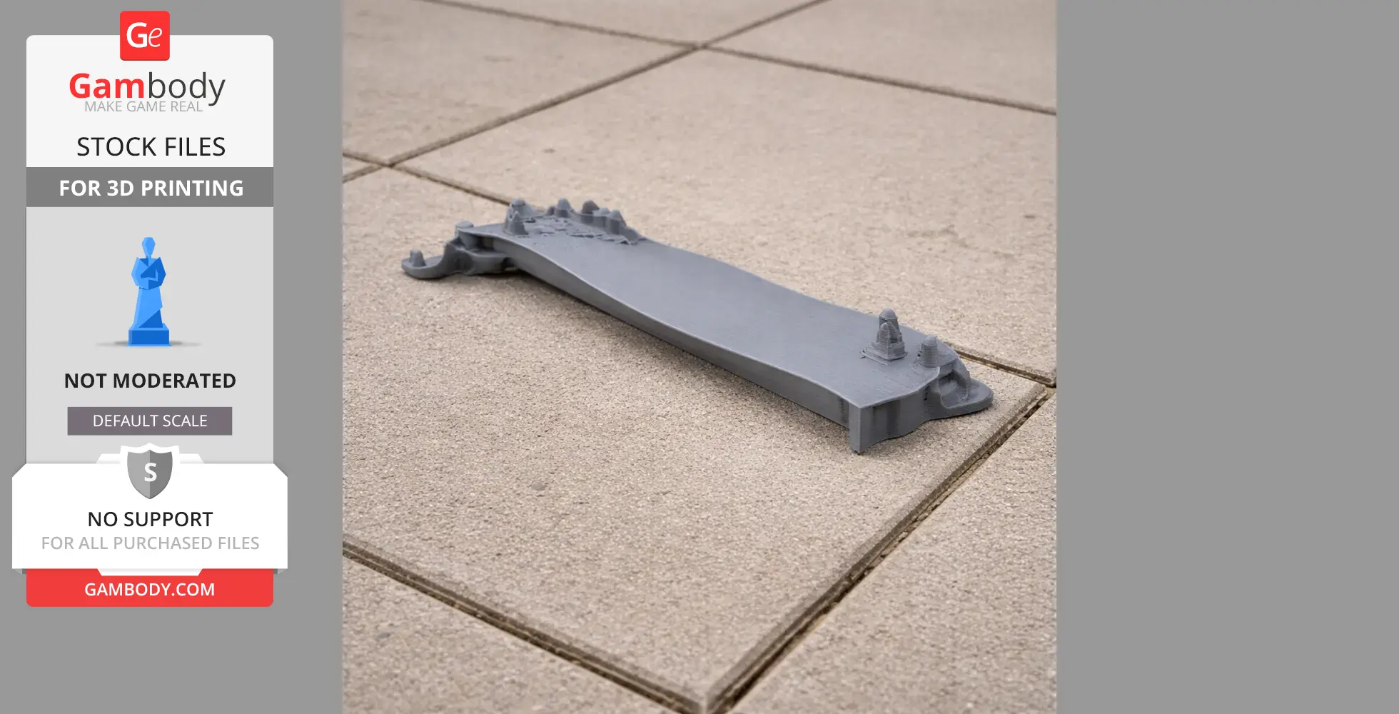 Gray 3D-printed architectural model resembling a castle wall on a tiled surface.