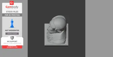 A top-down view of a 3D printed bust with a bald head and detailed clothing, on a square base.