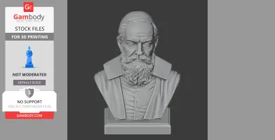 3D printed bust of a bearded man in historical attire, displayed on a pedestal.