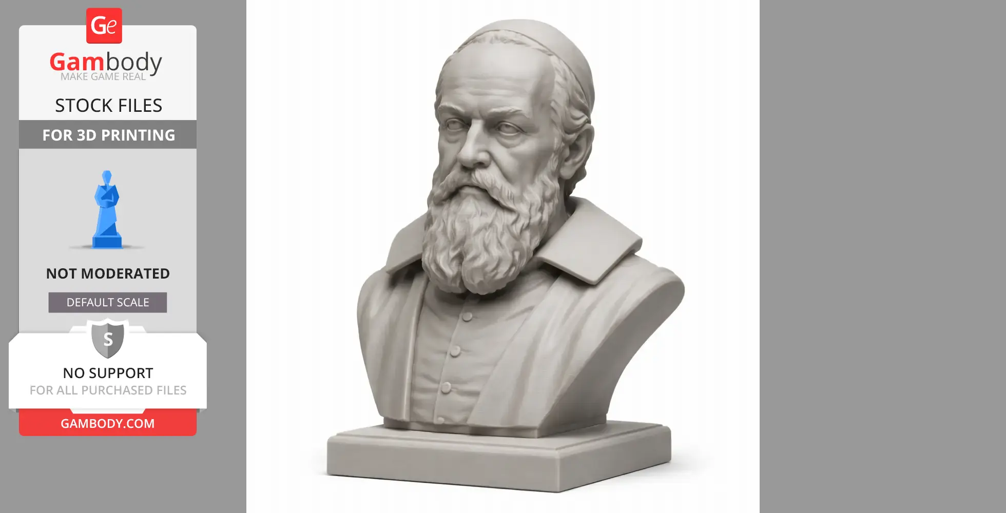 3D-printed bust of a man with a beard, wearing a hat and collared shirt, on a pedestal.