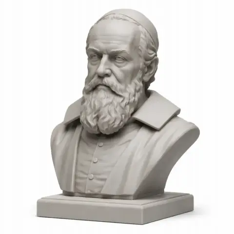 A detailed bust of a bearded man in historical attire, wearing a cap, set on a square base.