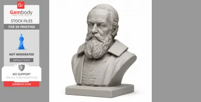 3D-printed bust of a man with a beard, wearing a hat and collared shirt, on a pedestal.