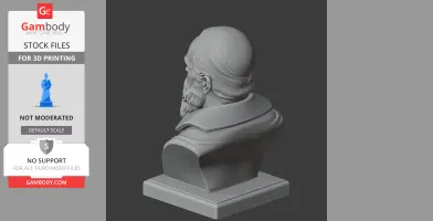 3D printed bust of a historical figure with a beard and cloak, viewed from the back on a pedestal.