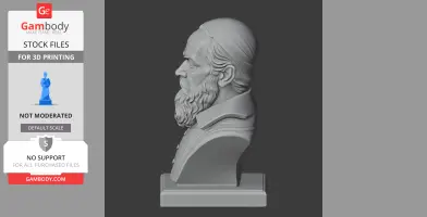 3D bust of a bearded man with detailed hair, wearing classic attire, on a rectangular base.
