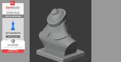 3D bust of a historical warrior with a headdress and flowing hair, viewed from the back.