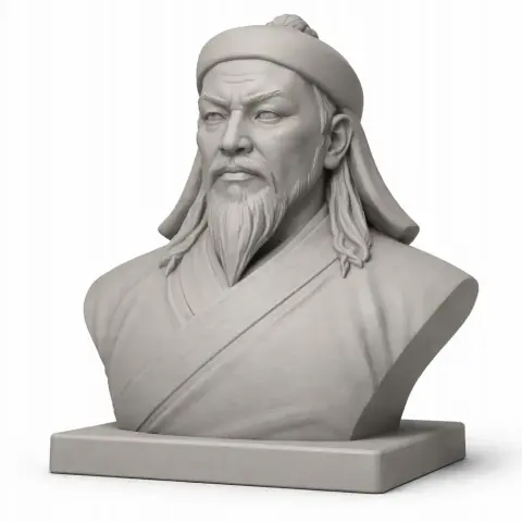 Bust of a historical warrior with a long beard, wearing traditional robes and a hat, on a rectangular base.