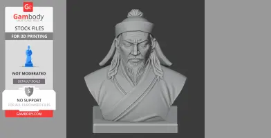 3D bust of a historical warrior with a stern expression, detailed robes, and a headband.