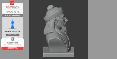 3D model of a historical warrior bust with a traditional hat and beard, designed for 3D printing.