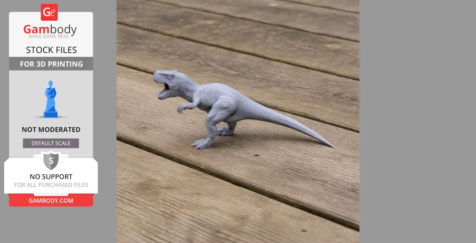 Gray 3D-printed dinosaur model on wooden surface; ready for 3D printing from Gambody.