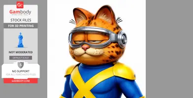 Cartoon cat in blue and yellow superhero suit with cyclops-style visor.