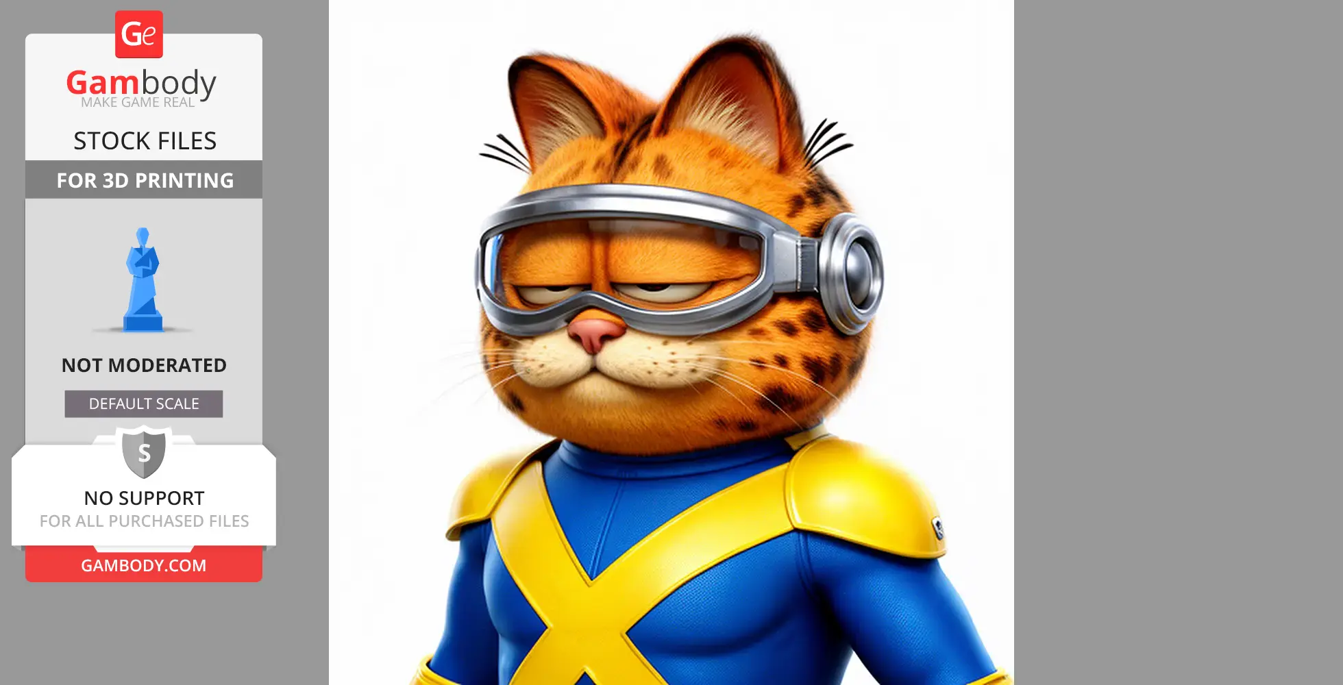 Cartoon cat in blue and yellow superhero suit with cyclops-style visor.