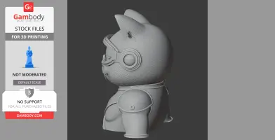 3D model of a cartoon cat with cyclops-like visor and armor, standing in profile view for printing.
