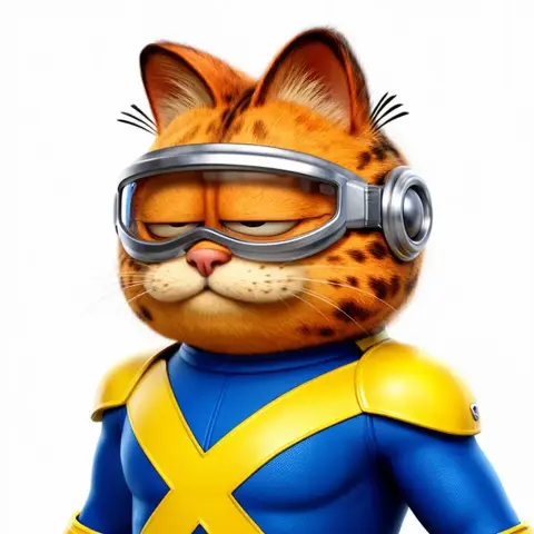 A cat-like character in a blue and yellow superhero suit with a visor.