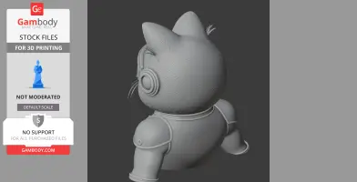 A 3D model of a cyclops cat figure with robotic limbs and a stylized head, ready for 3D printing.