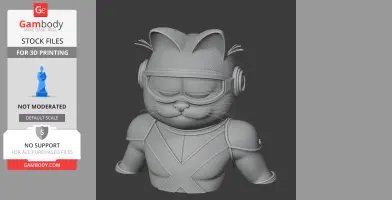 A 3D model of a Garfield with Cyclops-style visor, wearing a superhero suit.