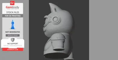 A 3D model of a cat-like figure with a cyclops visor and a textured surface.