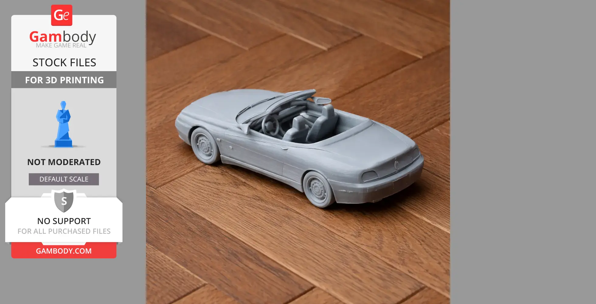 3D printed model of an Alfa Romeo convertible car on a wooden surface.