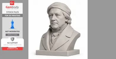 3D printable bust of a historical figure in a beret and coat, placed on a square base.