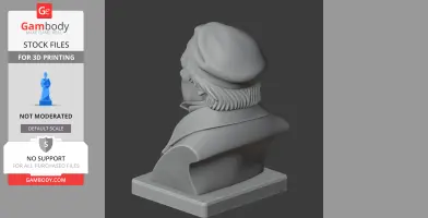 3D model of a bust with a beret and detailed coat, viewed from behind, on a display base.