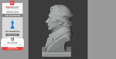 3D print-ready bust of a historical figure wearing a hat and coat, side profile view.