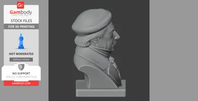 Bust of a man in a beret, with detailed clothing, shown in profile on a base for 3D printing.