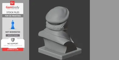 3D-printed bust of a figure with a cap, viewed from the back on a square base.