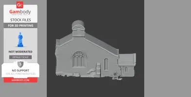 A detailed 3D model of a rustic building facade with arched windows and textured walls.
