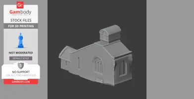 Gray 3D model of a building with arched windows and a chimney, designed for 3D printing.