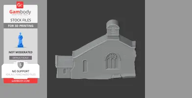 3D model of a small building with arched windows and a domed roof section, side view.