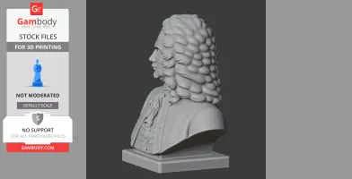 Classic bust of a historical figure with curly hair, wearing a coat, on a square base.