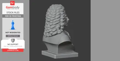 3D model of a bust featuring a classical figure with curly hair, viewed in profile on a pedestal.