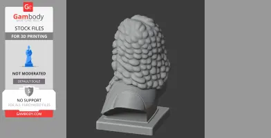 3D model of a bust with a detailed, textured wig and armor on a square base, view from the back.