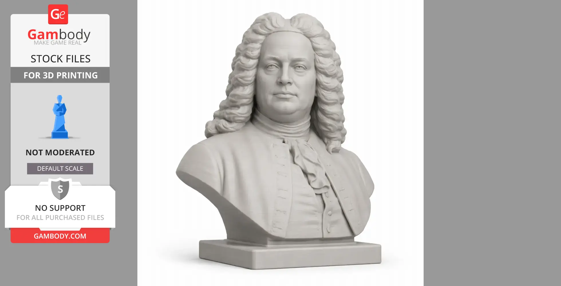 A detailed bust of a man with curly hair in classical attire, intended for 3D printing.