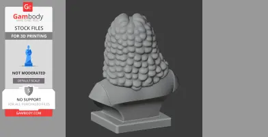 Rear view of a 3D bust with detailed, curly hair, set on a square base.