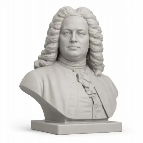 Bust of a man with curly hair and period attire on a square base, resembling a historical figure.