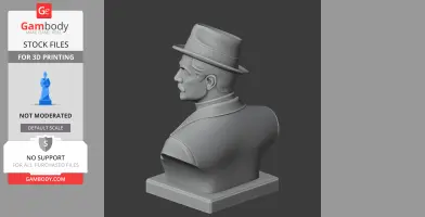A 3D-printed bust of a man in a suit and hat, viewed from the back on a pedestal.
