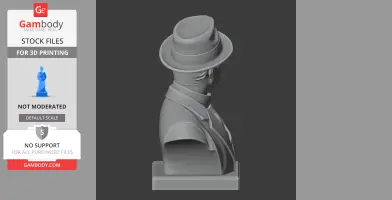3D printed bust of a man in a suit and fedora, facing right, on a rectangular base.
