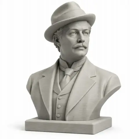 Bust of a man in a suit and hat with a mustache, designed for 3D printing.