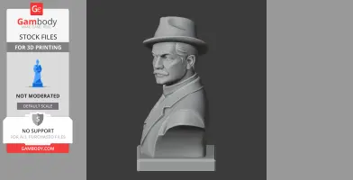 A sculpted bust of a man wearing a fedora and suit, displayed on a rectangular base.