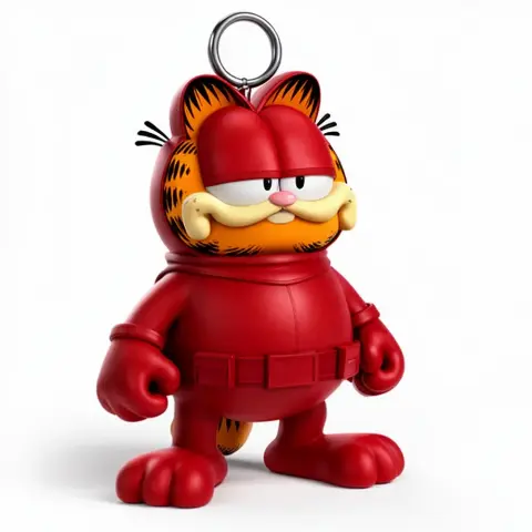 Cartoon cat in red superhero suit, resembling a comic character, with a ring on top.