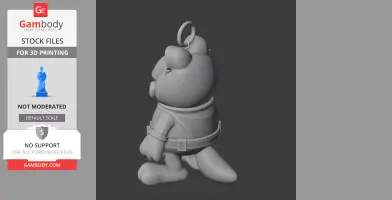 A 3D model of a cartoon character with superhero attire, standing upright with a ring on its head.