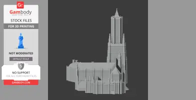 Detailed 3D model of a Gothic-style cathedral with a tall tower.