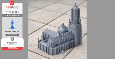 Detailed 3D printed model of medieval Gothic architecture featuring a tall spire and intricate details.