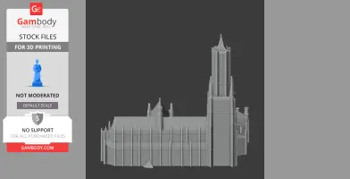 3D model of a Gothic-style building with a tall tower and pointed arches.