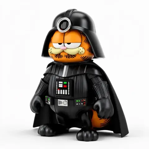 Garfield in Darth Vader armor, combining iconic traits of both characters, wearing a detailed suit and helmet.