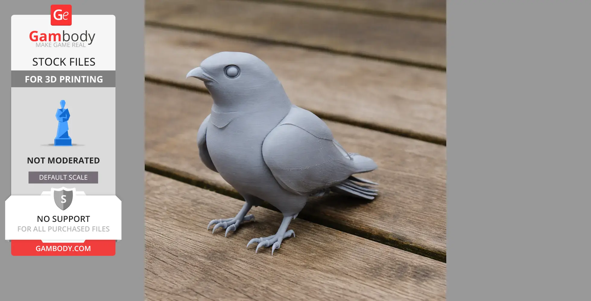 A gray 3D printed model of a bird, resembling a prehistoric nightjar, on a wooden surface.
