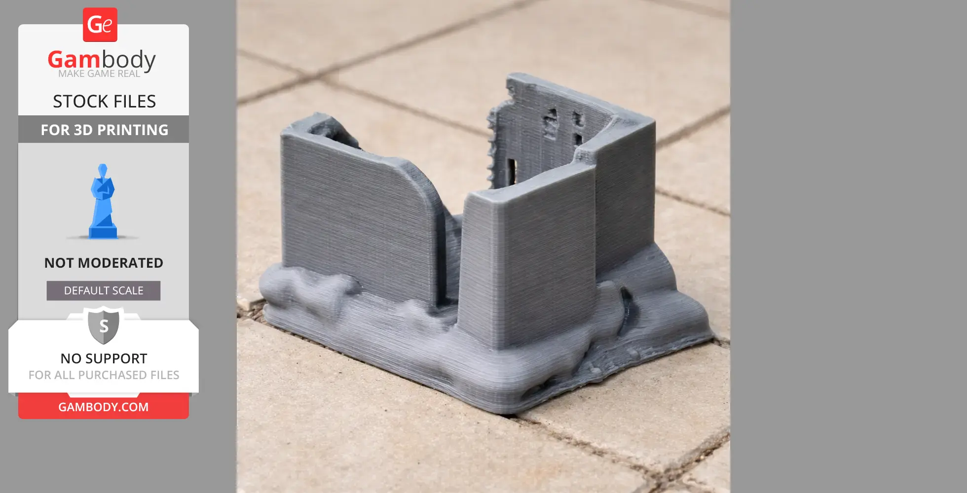 A 3D-printed model of an old, partially ruined tower with textured walls.